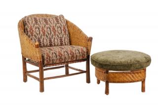 Appraisal: Old Hickory Wicker Captain's Chair Round Ottoman Old Hickory American