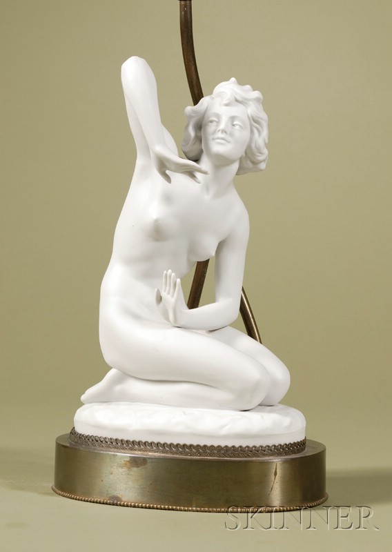 Appraisal: White Bisque Nude Study Figural Lamp Base Germany c modeled