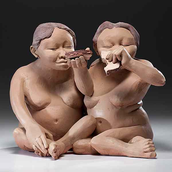 Appraisal: Roxanne Swentzell The Sandwich Clay Sculpture two female figures sharing