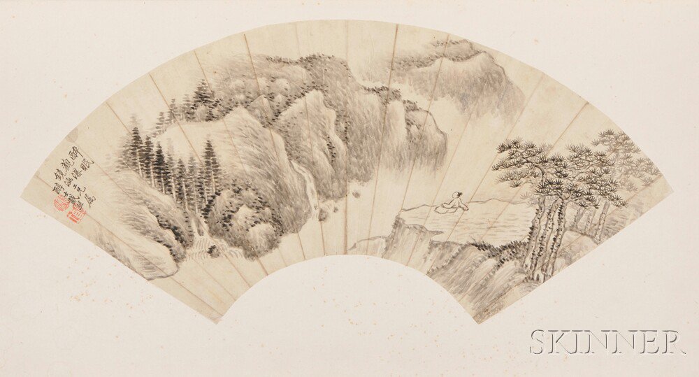 Appraisal: Fan Painting Depicting a Landscape China in the manner of