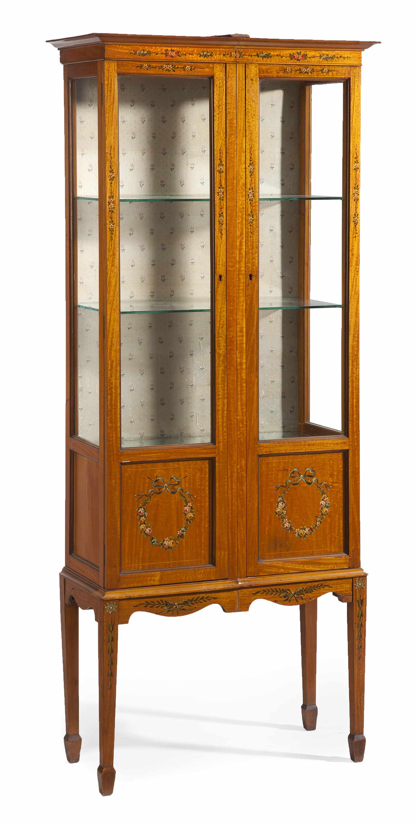 Appraisal: An Edwardian paint decorated satinwood display cabinet circa with alterations