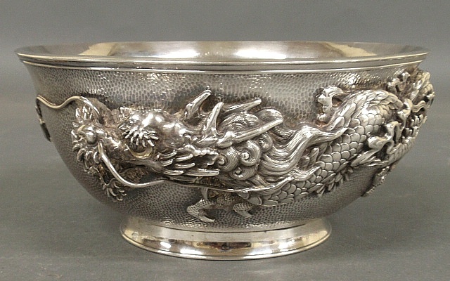 Appraisal: - Fine hammered Japanese silver bowl decorated with applied relief