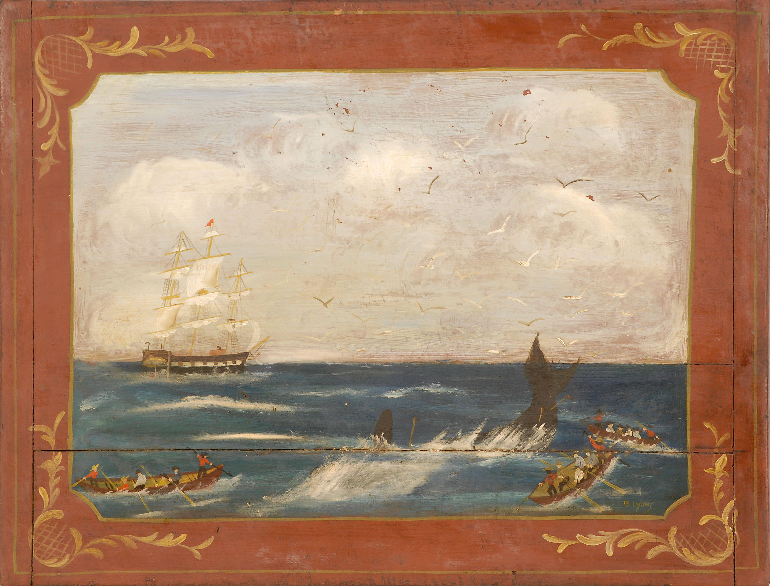 Appraisal: PAINTED BREADBOARD WITH DECORATION OF A WHALING SCENE American th