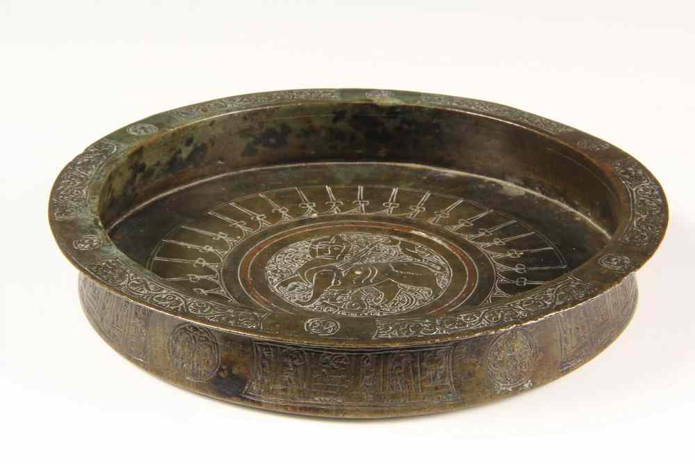 Appraisal: PERSIAN ENGRAVED BRONZE DISH - Seljuk Khorassan Bronze Tray Dish