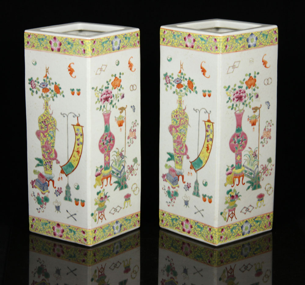 Appraisal: - Pr Chinese Squared Hat Vases Pair of squared hat