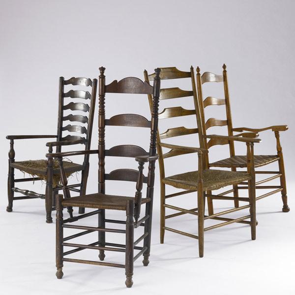 Appraisal: FOUR ENGLISH LADDERBACK ARMCHAIRS Rushed or splint seats th C