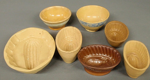 Appraisal: Four yellow ware corn molds two small bowls bird mold