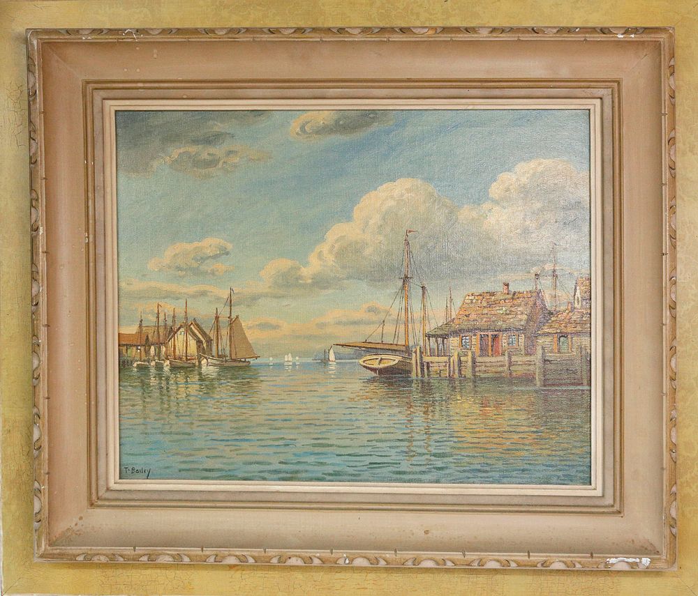 Appraisal: T Bailey Oil on Canvas Wharf Cottages Nantucket T Bailey