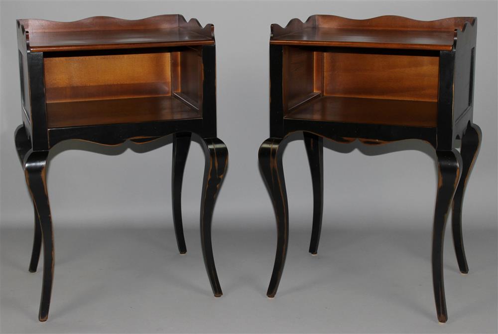 Appraisal: PAIR OF FRENCH COUNTRY STYLE BLACK PAINTED GALLERIED BEDSIDE TABLES