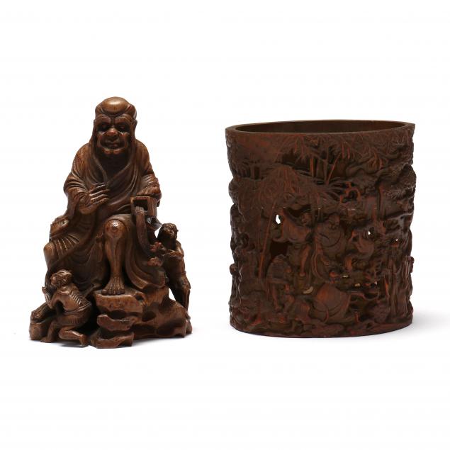 Appraisal: A CHINESE CARVED WOODEN SEATED ARHAT AND BRUSH POT WITH