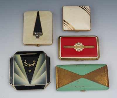 Appraisal: Five Enameled Vintage Compacts Lot includes a Langlori New York