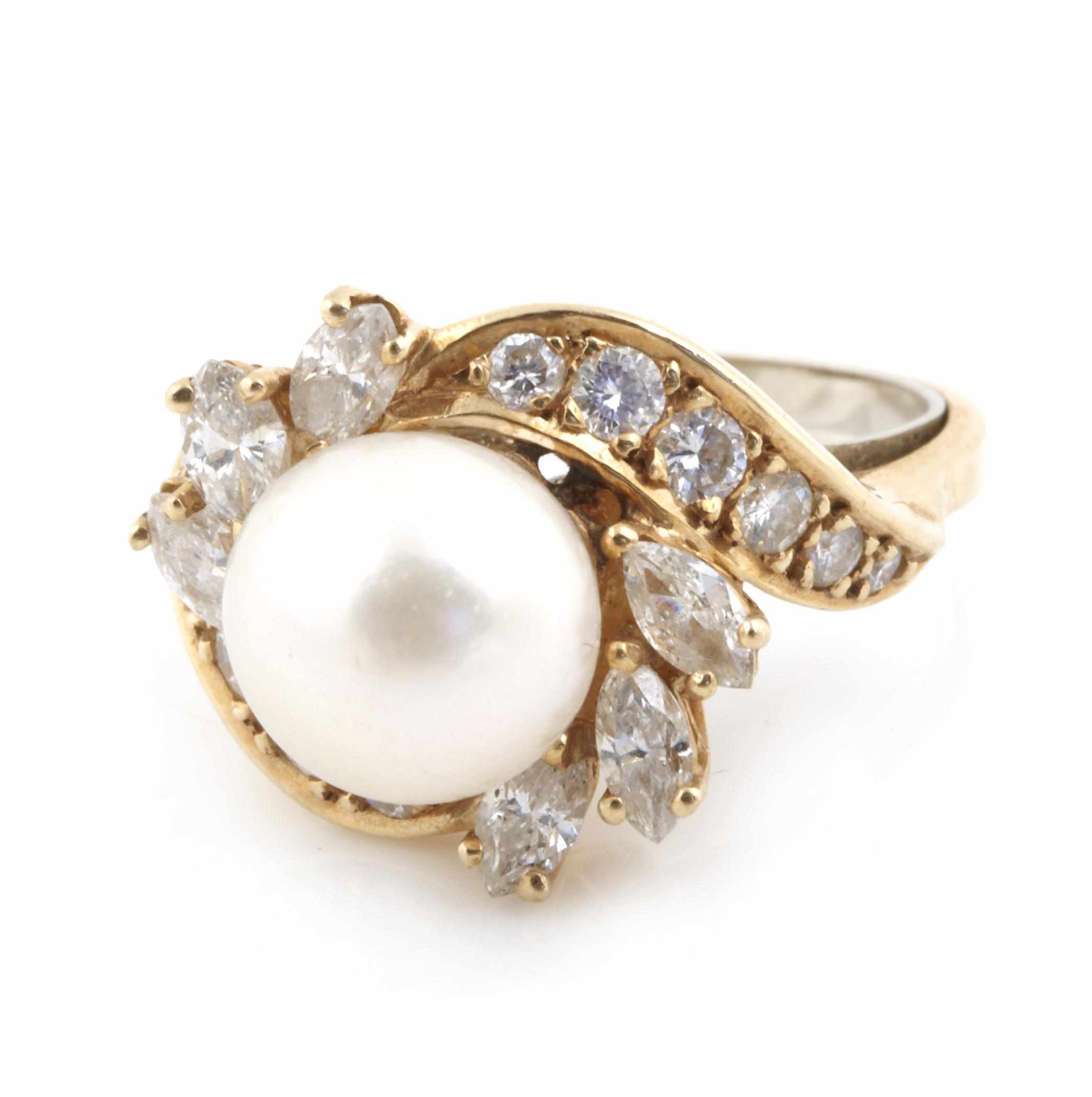 Appraisal: A cultured pearl diamond and k gold ring centering a