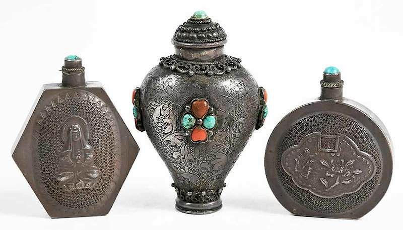 Appraisal: Three Asian Silver Snuff Bottles one urn form with engraved