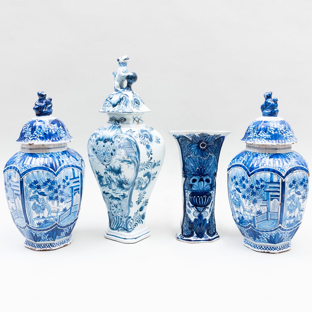 Appraisal: Assembled Blue and White Delft Garniture Various blue painted marks