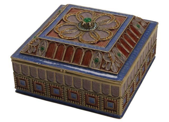 Appraisal: Enameled square box jewel casket with inset colored cabochons approx