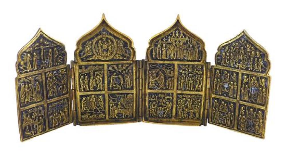 Appraisal: Russian bronze folding icon probably th th C with four