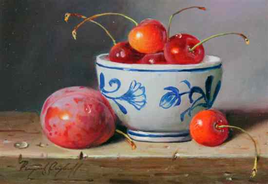 Appraisal: Raymond Campbell - oil on board Cherries and China signed