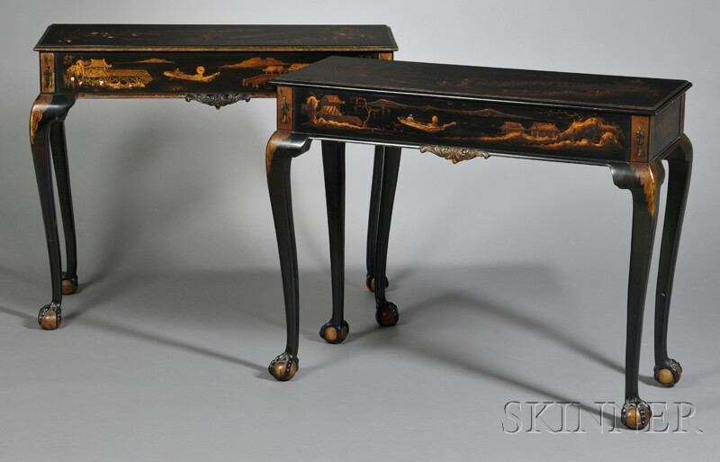 Appraisal: Near Pair of Japanned Pier Tables th century rectangular tops