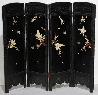 Appraisal: Japanese Wood Four Japanese four-panel wooden screen Meiji period depicting