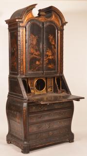 Appraisal: English th century Bombe Chinoiserie Black Lacquered Secretary Desk English