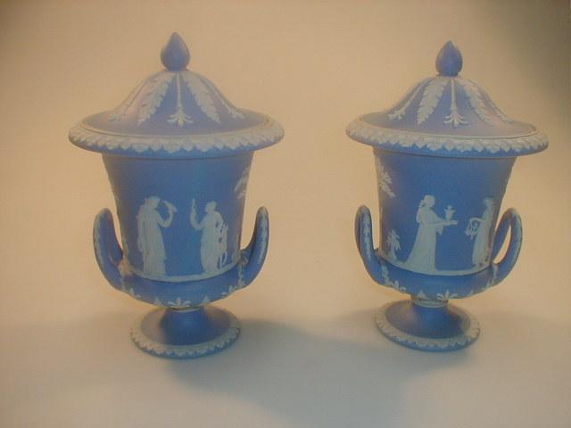 Appraisal: A pair of Wedgwood blue jasper campana two-handled vases and