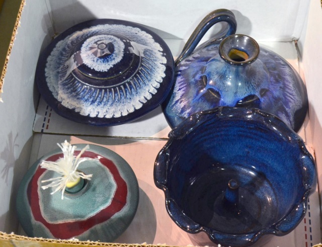 Appraisal: Four Pieces Hand-Thrown PotteryIncluding a baked-apple dish in cobalt marked