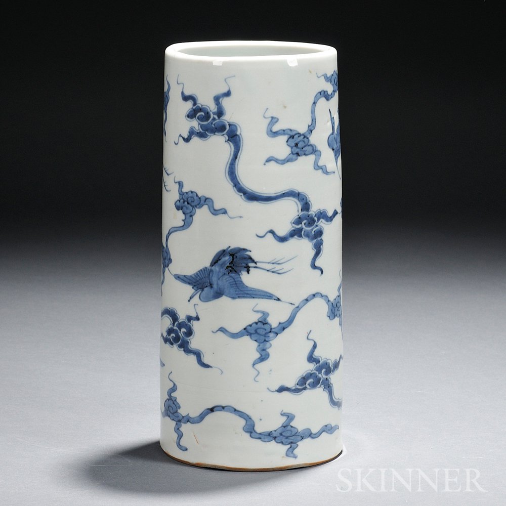 Appraisal: Blue and White Vase China tubular decorated with stylized cranes