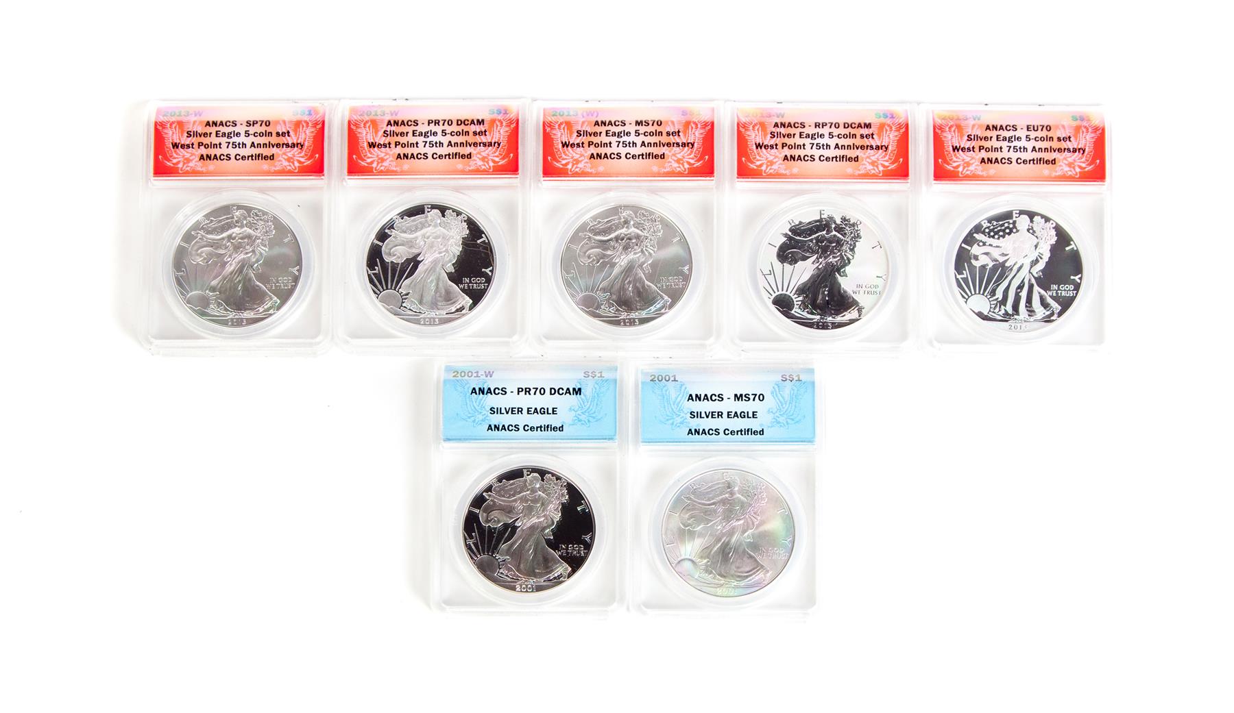 Appraisal: SEVEN AMERICAN SILVER EAGLES ANACS - MS and W ANACS