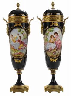 Appraisal: Pair S vres Style Painted Porcelain Urns with Gilt-Metal Mounts