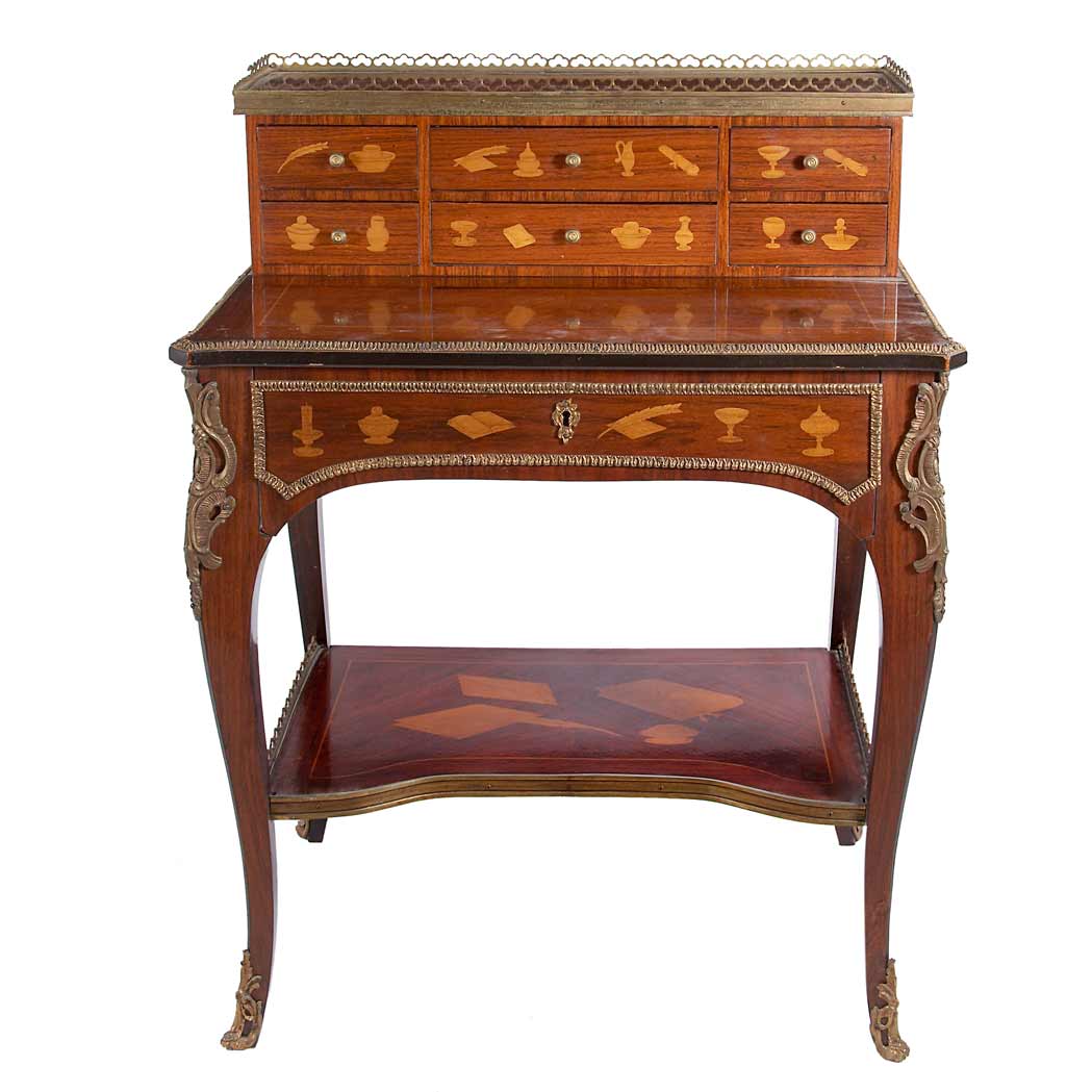 Appraisal: Louis XVI Style Gilt-Metal Mounted Faux Marquetry Inlaid Walnut Desk