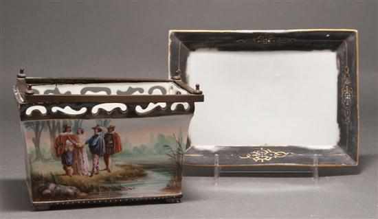 Appraisal: French bronze-mounted painted porcelain cachepot and undertray second half- th