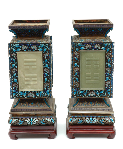 Appraisal: AN IMPRESSIVE PAIR OF CHINESE SILVER AND ENAMEL VASES Second