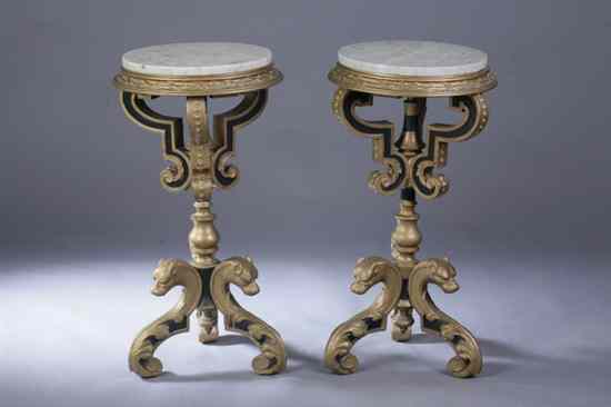 Appraisal: PAIR CONTINENTAL STYLE PAINTED STANDS Inset marble-top above carved frieze