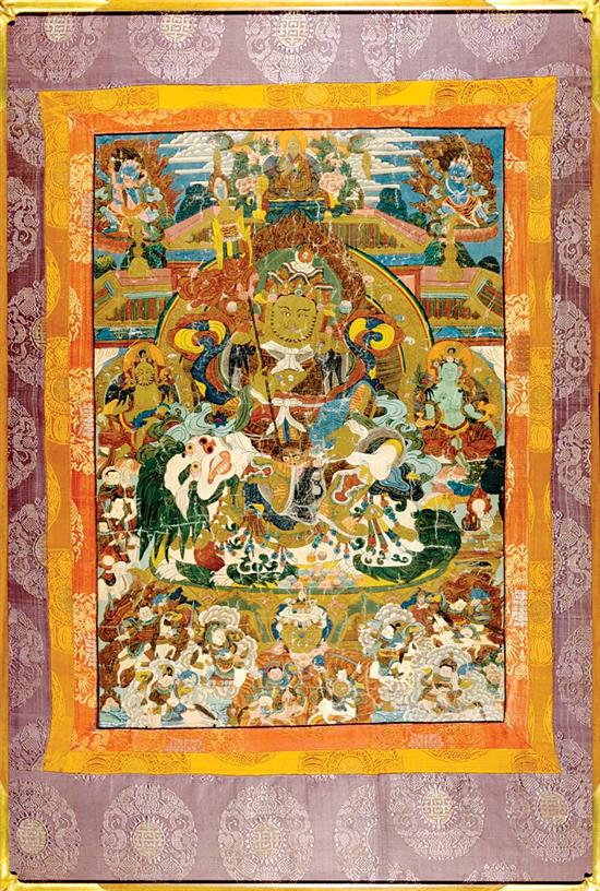 Appraisal: Brilliantly painted Tibetan tanka th century large central deity surrounded