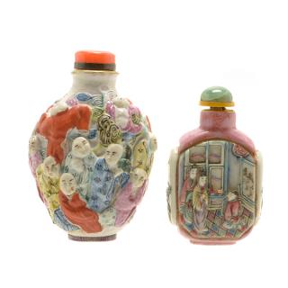 Appraisal: Two Famille Rose Mold Decorated Snuff Bottles th Century cm