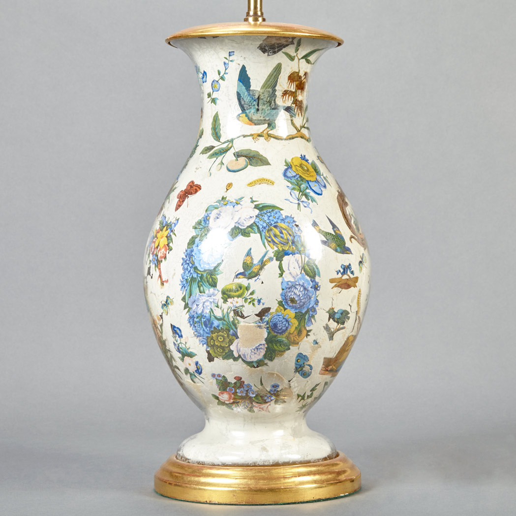 Appraisal: English Decalcomania Lamp Depicting fete galante figures amidst birds butterflies