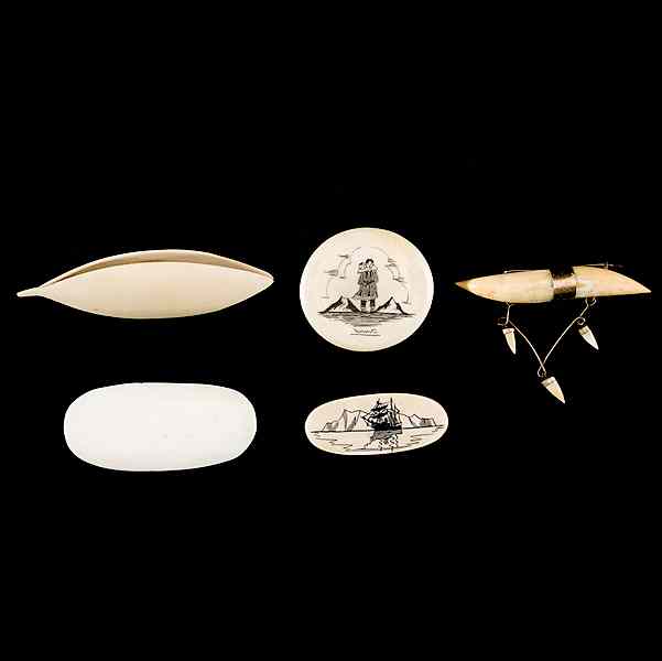 Appraisal: Etched Ivory Grouping A grouping of five brooches all signed