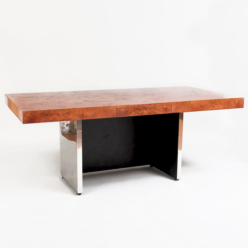 Appraisal: Modern Chrome and Burl Desk Fitted with a frieze drawer