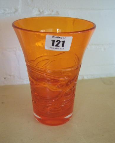 Appraisal: A Whitefriars tangerine glass vase decorated with random strapping and