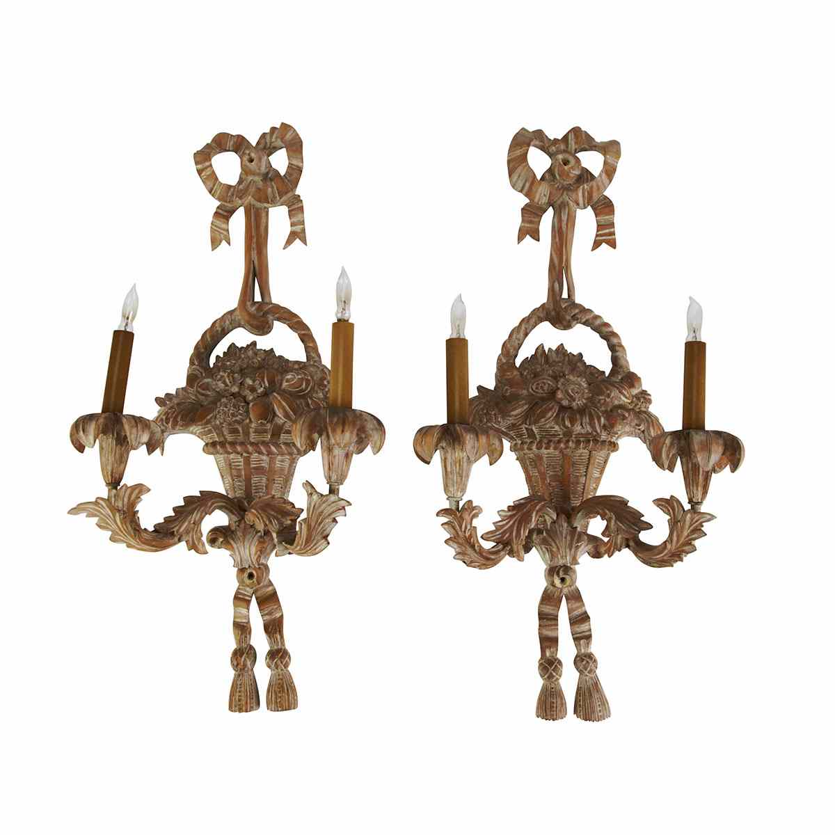 Appraisal: Pair Louis XVI Style Carved Two Light Wall Sconces century