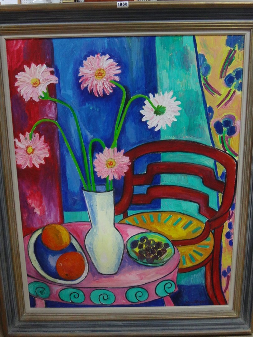 Appraisal: Mary Tempest th century Gerberas with red chair oil on