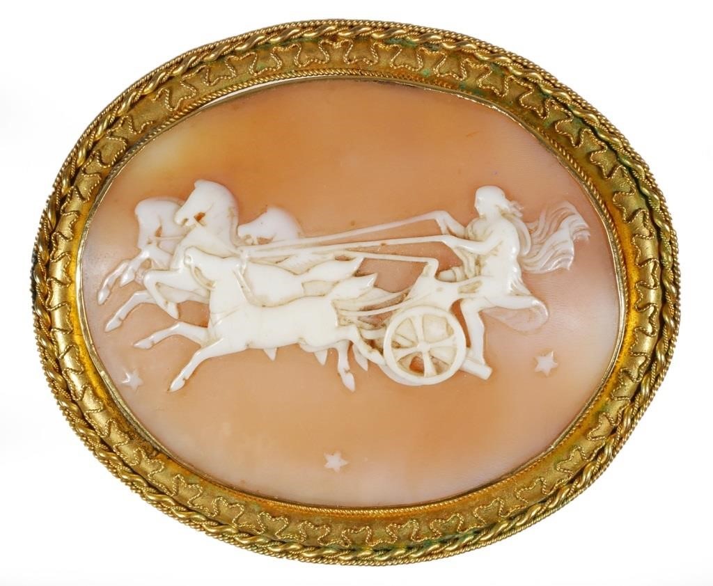 Appraisal: LARGE SIGNED VICTORIAN CAMEO HELIOS CHARIOTSet in k gold filigree