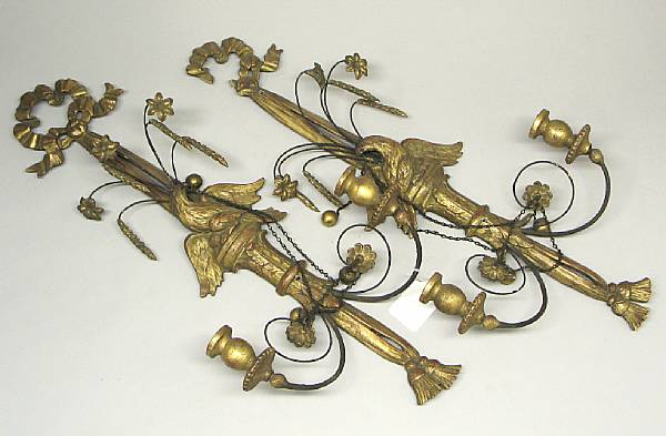 Appraisal: A pair of Neoclassical style giltwood wall lights mid th