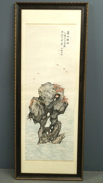 Appraisal: - Vertical Chinese painting of a rock jutting out of