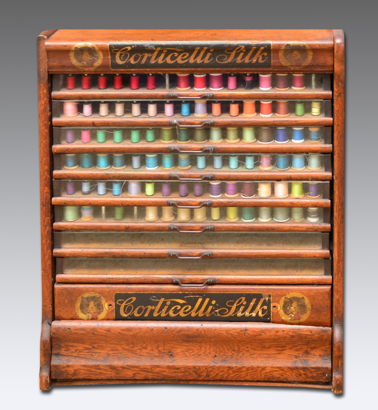 Appraisal: CORTICELLI GLASS FRONT OAK SPOOL CABINET Advertising ''Corticelli Spool Silk''