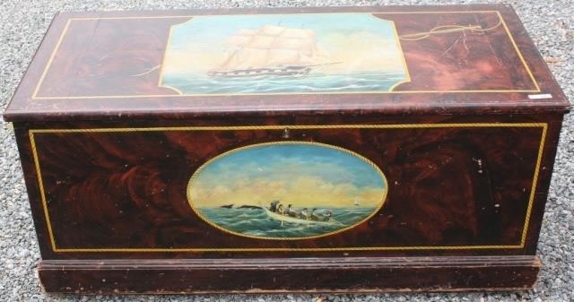 Appraisal: TH C SPONGE PAINTED SEA CHEST WITH AN AMERICANWHALESHIP ON