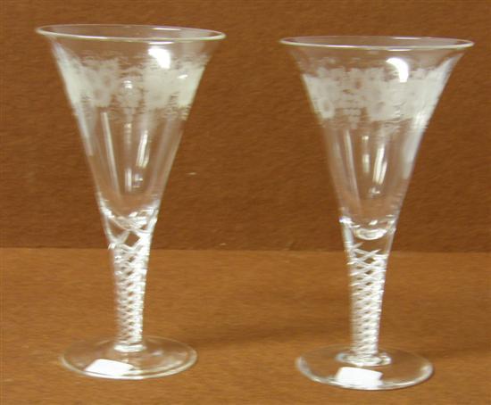 Appraisal: Pair of vine etched spiral twist stem glasses h in