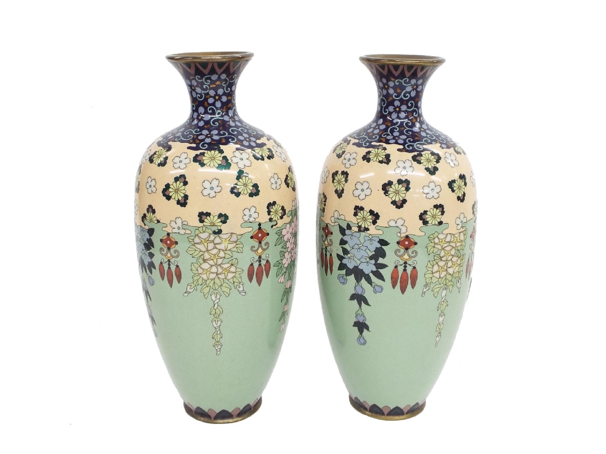 Appraisal: Pair of Japanese cloisonne baluster vases decorated with various geometric