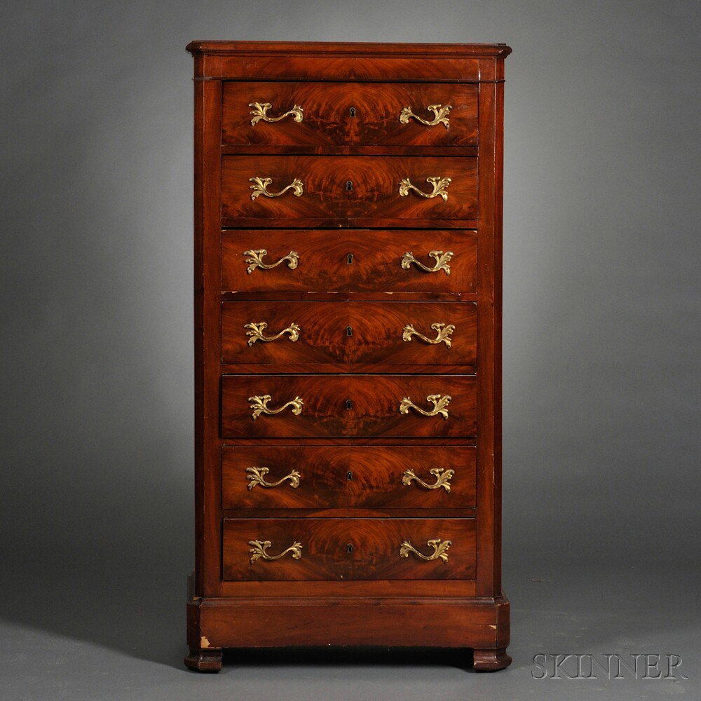 Appraisal: Empire-style Mahogany-veneer Semainier mid- th century the rectangular top with