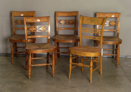 Appraisal: Set of four tiger maple rush seat chairs together with